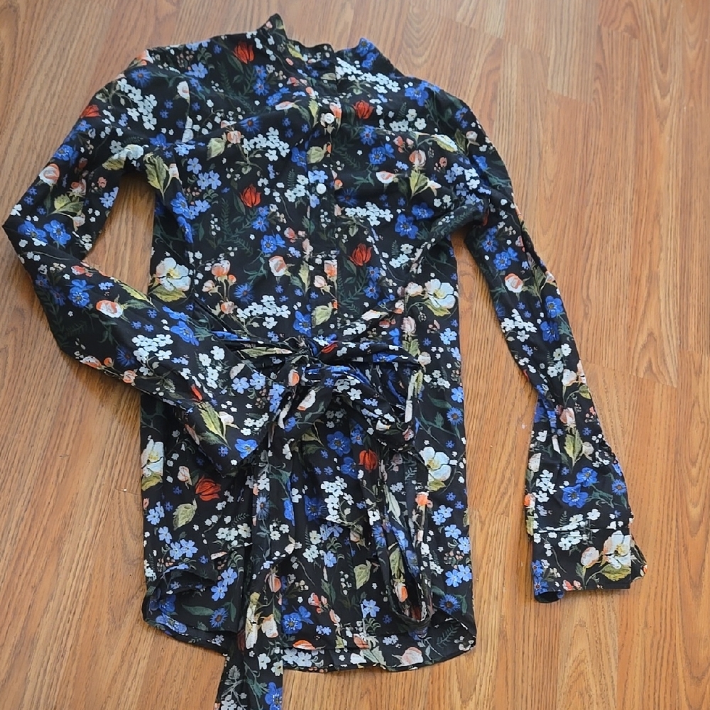 ANN MASHBURN Black Floral Long Sleeve Dress Size Small Button Front Tie Front